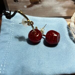 Red Cherry Drop Earrings | Fun Vintage-Style Novelty Jewelry | Gold Tone